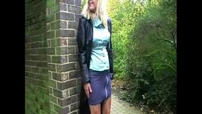 Outdoor GF pees on his shoe