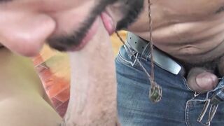 Kinky Latino deepthroats throbbing dick while jerking off