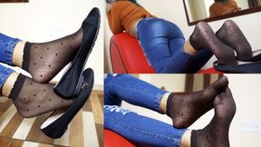 Alexandra FULL CLIP , jeans dangling flats and meaty feet in nylon socks!