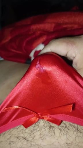 Cumming in my Wife's Red Silk panty before Shipping it to buyer! Thanks for buying!