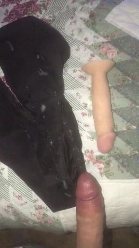 Shooting massive load of cum all over step moms dildo and panties