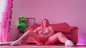 pussy play with huge red dildo on yoga mat