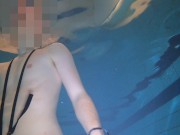 Naked swim and cum with metal cockring and plug