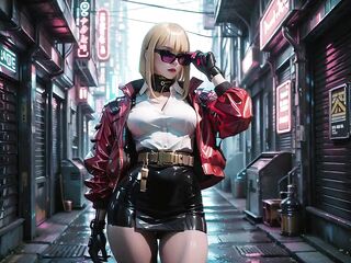 Cyber Queen's Juicy Dream! Red leather jacket glistening beneath neon rain, kneeling pose that breaks the armor