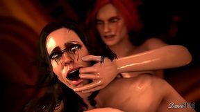 Triss Merigold rails Yennefer's pussy from the back with her big futa cock