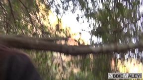 Brunette babe Abbie Maley deepthroats and has hardcore outdoor missionary sex with James