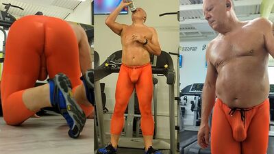 Thin tights and shirtless at the gym