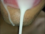 cum in my mouth, I play with your cum, and I swallow it, closeup, naughty gay, tongue, sloopy