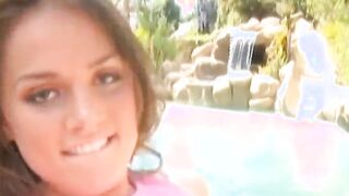 Slender dark haired honey takes a giant penis at pool