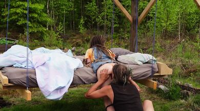 Bohemian garden cum eating Swedish babes in pergola 4K