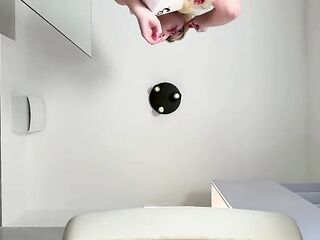 Hawt cutie cute golden-haired excited cutie in pink pants and with a satin nightie does the bath routine in advance of going to the couch