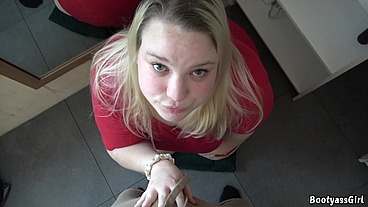 Girl with a pretty face gives a blowjob with a cumshot in her mouth