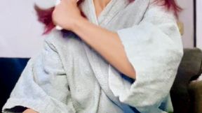 Sensual Towel Robe Tease: Hair Play, Foot Glimpse & Smoking for You