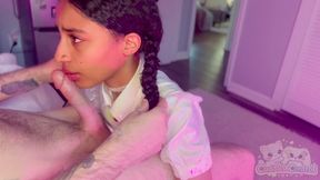 Stepdaddy uses my lil mouth for a messy after-school bj