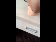 Twink licks own cum from fake pussy