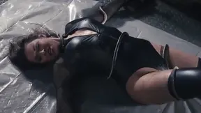 Shiny black latex bodysuit submissive getting wrecked on crinkly plastic sheets