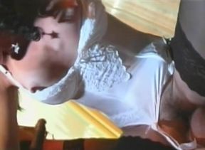 Stockinged shemale and horny studs banging hairy pussy