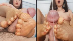 POV Footjob, Toejob & Cum on Feet in Nude Fishnet Stockings - Dame Olga 1080p (052B)
