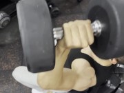 The gym employee looks at me while I flex in the dressing room role play show