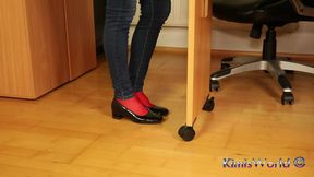 Red Nylon Feet in Black Shiny Heels - Dangling & Tease in Tight Jeans