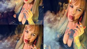 Stepmother with glossy red lips, in leather and black pantyhose – Dunhill Menthol 100
