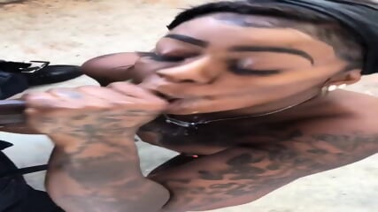 Thick tatted ebony slut Sucked and SLURPED BBC OUTDOOR