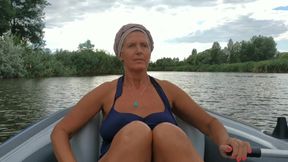 Sexy Old Weekend Housewife in One Piece Swimsuit on Boat