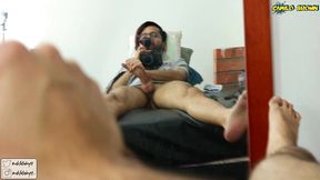 jerking off and shooting a nice cum load in front of the mirror.