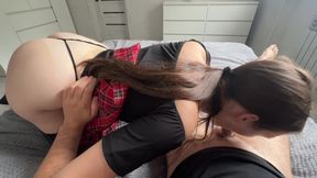 Hungry sex of a student in a skirt Real life of a student. Blowjob and pussy fuck