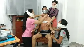 Chair Bound And Tickled By Three Microfoam Tape Gagged Girls!