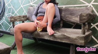 POV Latina masturbates alone in her garden with a tight hole