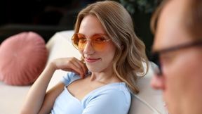 Beautiful brown-haired teen Maya Sinn is jumping on a big boner