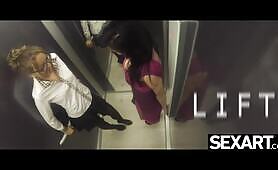 Watch these stunning girls have hot lesbian sex in an elevator