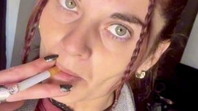 Seductive Indoor Smoke Session - Tattooed Redhead Exhales Thick Clouds