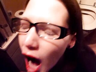 Nerdy librarian with glasses loves to gulp piddle