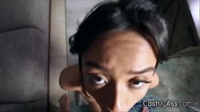 Petite teen Asian spinner gives a deepthroat blowjob