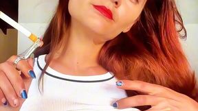 Morning Makeup & Smoke Tease: Sultry Stares, Red Lips, Thick Smoke Exhales & Nipple Peek