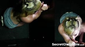 Busty blonde babe Sage Pilar takes a big cock at the gloryhole