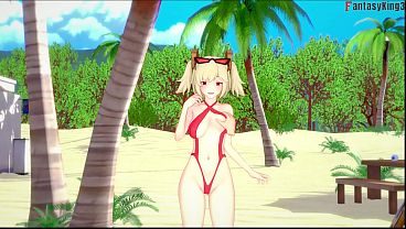 Busty anime girl enjoys public sex on the beach