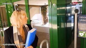 ”Horny blonde rides shaft after class”