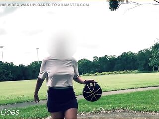 Wifey is dared to play basketball braless and no pants in a short petticoat