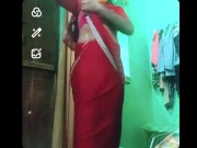 Indian gay Crossdresser xxx nude in red saree showing his bra and boobs🥵