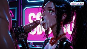 Black-haired cyber slut rips off her dress &amp; gets fucked deep on the neon bar