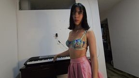the young and beautiful laura in a skirt is full of semen and swallows the semen of excitement.