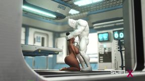 A sexy young busty ebony has hard anal sex with sex robot in the medbay