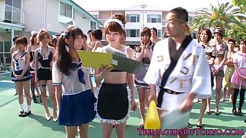 Sweet looking Asian ladies are ready for some group fun by the pool