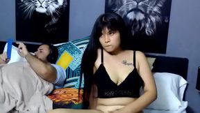 hot wife fingers her pussy next to her husband