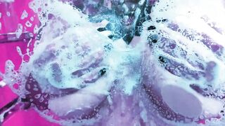 goddess Cunt With Mouth Washing her Melons inside a Foamy Shower