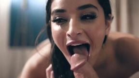 ”Petite brunette teen sucks shaft & rode it because she loves it”