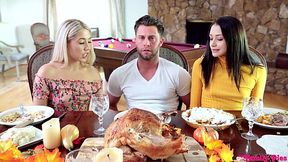 Slutty stepsisters turn family dinner into hot threesome on table